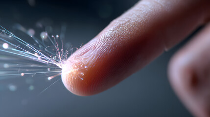 Fototapete - Technological touch: A close-up shot of a finger, sparking and glowing with a digital or futuristic light and energy, suggesting innovation.