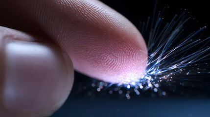 Poster - Fiber Optic Touch: A human fingertip gently touching a cluster of fiber optic strands, illuminating the future of technology with a soft, ethereal glow