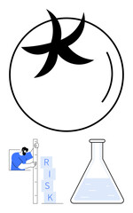Poster - circular abstract element, researcher measuring risk blocks, and laboratory flask. ideal for science