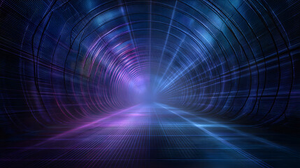 Poster - Futuristic Tunnel with Ambient Lighting: An eye-level perspective unveils a captivating, futuristic tunnel bathed in a luminous display of blue and purple ambient lighting.