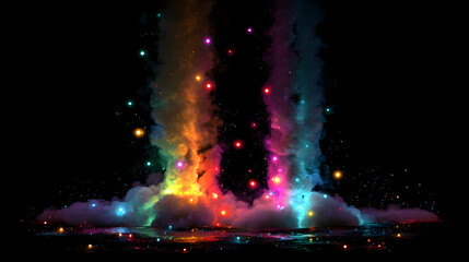 Poster - Rainbow Smoke and Lights: Vibrant, colorful smoke plumes rise from a dark ground, illuminated by bright rainbow lights, creating a magical, otherworldly scene.