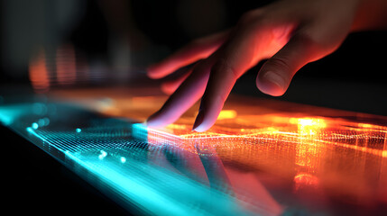 Fototapete - Illuminated interaction: A hand touches a glowing interface, symbolizing digital connection and innovation.
