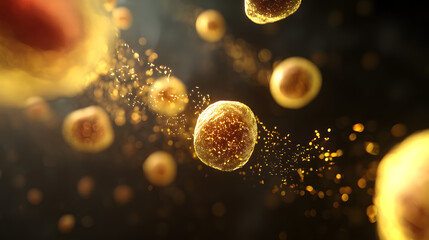 Poster - Microscopic Marvel: A captivating glimpse into the world of cells, where a cascade of golden spheres floats amidst a cosmic dark field. This image presents a visualization of biological intricacy
