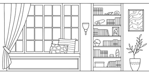 Fototapete - Bay window graphic black white interior sketch illustration vector 