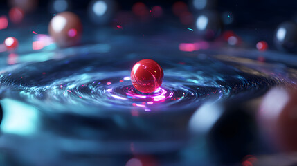 Fototapete - Vibrant Red Sphere in a Cosmic Dance: A mesmerizing depiction of a vibrant red sphere at the epicenter of concentric ripples, radiating energy and intrigue.