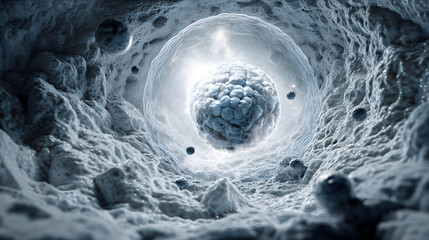 Poster - Microscopic Marvel: An artistic digital rendering unveils a captivating, microscopic world of cellular structures, showcasing intricate details of a cell in a unique, artistic perspective. 