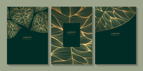 Set of floral templates with linear leaf epidermis texture. Luxury dark green backgrounds with golden tropical leaves. Template for poster, invitation, business card