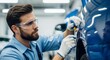 © Meow Creations - Focused Male Automotive Mechanic with Safety Glasses and Screwdriver Working on Car