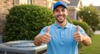 © Meow Creations - Smiling male HVAC technician in blue uniform gives thumbs up next to outdoor air conditioner unit.