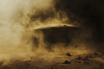 ufo landing with swirling smoke on dark planet