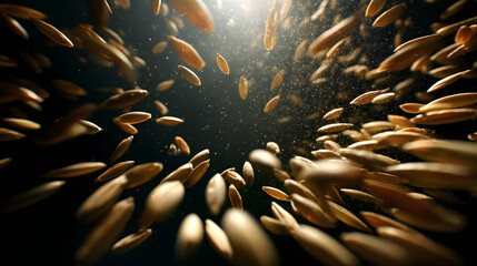 Poster - oat grains in motion: a mesmerizing burst of oat grains, suspended in mid-air against a dark backgro
