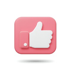 Poster - 3D Rendered Pink Like Button Icon with White Thumbs Up on a White Background for Social Media and Web Design