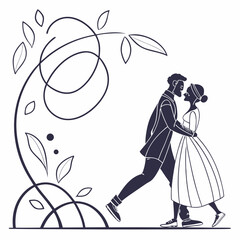 Poster - Elegant couple dancing silhouette surrounded by decorative foliage on a transparent background