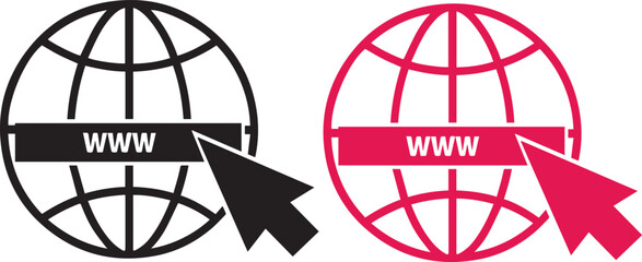 Poster - Minimal Globe with WWW Banner and Arrow in Clean Line Drawing