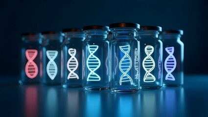 Poster - DNA strands glowing in glass vials against a dark background. The image suggests scientific research and genetic engineering.