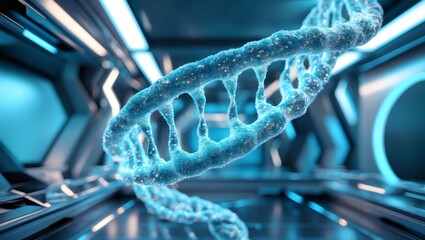 Poster - a visually stunning representation of a DNA double helix, with a soft blue glow, against a futuristic background, showcasing the elegance and complexity of genetic code