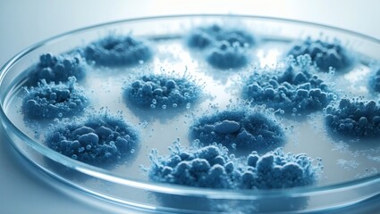 Poster - Close-up view of blue cell cultures in a petri dish. The cultures appear to be growing in a liquid medium.