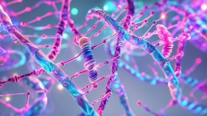 Poster - Intricate depiction of a DNA double helix structure, emphasizing the complexities of genetic information. The model uses a gradient of cool colors to reveal its structure