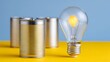 © Sutat - Light Bulb Emitting Warm Glow Beside Silver Tin Canisters Against Blue and Yellow Background Symbolizing Innovation in Energy