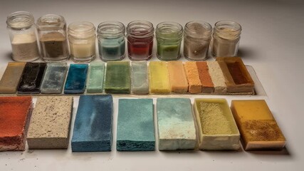 Poster - colorful hydrogel and clay mixtures revealing material science diversity on white background with in