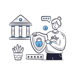 Poster - Security protection data privacy safety online secure network access password bank woman shield lock vector art illustrations