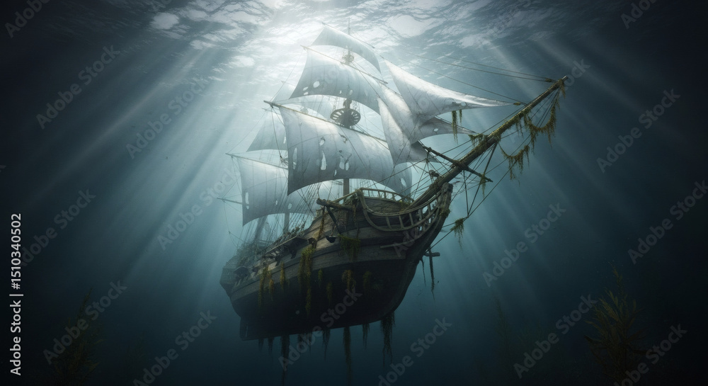 Ship sailing upside down beneath the ocean surface with sails ...