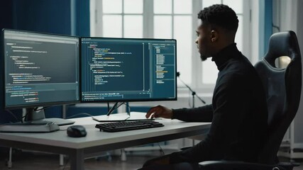 Software developer coding in modern workspace with dual monitors