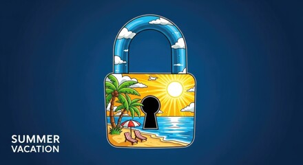 Wall Mural - Sunny beach scene inside padlock with palm trees and ocean view