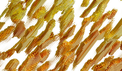 Aufkleber - 3D rendering of gold cubes forming abstract streaks on white. Ideal for luxury, tech, and modern designs.