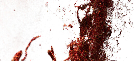 Poster - Abstract red glitter explosion on white background. Perfect for cosmetics, beauty, or festive designs.