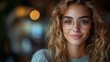 © Fana Art - Smiling woman with glasses in cafe, blurred background