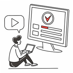 Poster - Illustration of a person working on a laptop while looking at a computer screen with content displayed and play button.