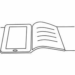 Poster - Simple line art illustration of tablet and open book represents education and learning on white background