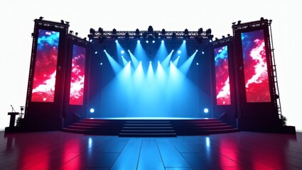 Poster - empty stage with bright spotlights and large display screens, setting a modern and captivating atmosphere for an event or performance