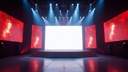 Aufkleber - An empty stage lit up by lights and screens, ready for a performance or presentation. The stage is the focal point, with lights illuminating the empty space, creating a sense of anticipation