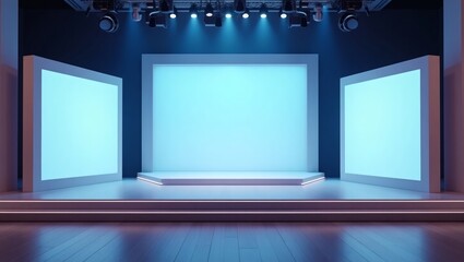 Poster - a modern stage with screens, lit by spotlights, ready for presentation