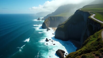 Poster - a scenic coastal landscape featuring a winding road along cliffs overlooking a vast ocean