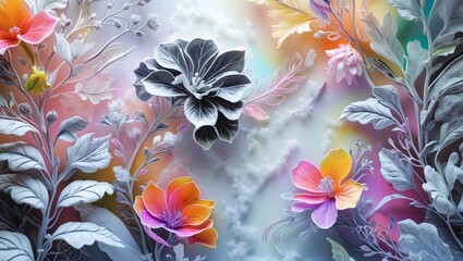 Aufkleber - A dreamy garden with a mix of colorful flowers and intricate details, creating a sense of fantasy and beauty. The flowers look very attractive and detailed with a blurred background.