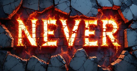 Aufkleber - Fiery NEVER text breaks through cracked wall. Dramatic lighting, intense colors create powerful visual impact. Destruction, defiance shown.
