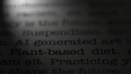 Leinwandbilder - Plant based diet. Topic of environmental conservation. Moving text printed on a page. Headline. A piece of paper with a phrase written in retro typewriter font. Spotlight effect. Dramatic video.