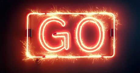 Aufkleber - Bright neon sign displays GO within rectangular frame. Sparks emanate from glowing lines against dark background. Intense, vibrant illumination.
