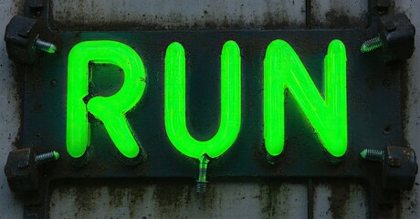 Poster - Bright green neon sign spells RUN mounted onto weathered metal plate. Dark background emphasizes glowing letters, creating dramatic effect.