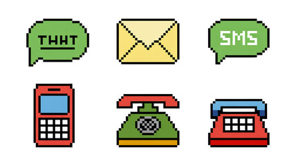 Fototapete - Set of pixelated communication icons featuring speech bubbles, an envelope, a cell phone, and two telephone designs on a transparent background, perfect for tech and retro projects