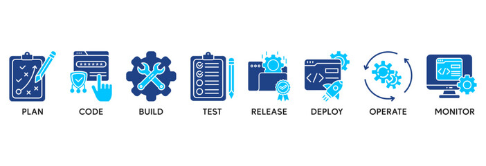 DevOps icon set vector illustration concept relate to software engineering and development with an icon of a plan, code, build, test, release, deploy, operate, and monitor