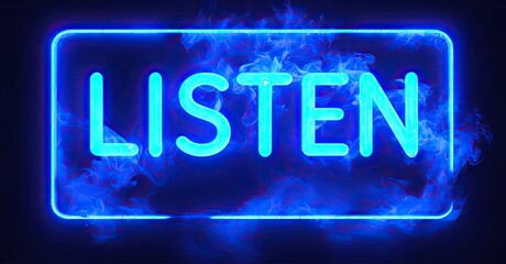 Poster - Bright neon sign displays LISTEN against dark background. Smoke effects enhance glowing rectangular frame. Bold typography dominates composition.