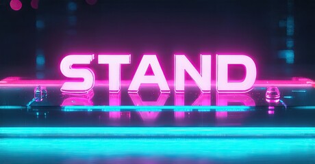 Poster - Bright neon sign displays STAND. Vivid pink, turquoise hues dominate dark background. Modern, futuristic aesthetic. Minimalist design.