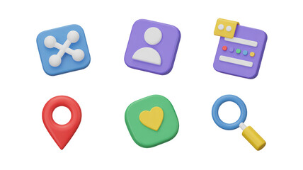 Poster - displaying six colorful 3d icons representing social media features like sharing, messaging, and lik