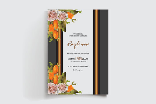 WEDDING INVITATION FRAME WITH FLOWER DECORATIONS AND FRESH LEAVES