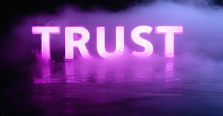 Poster - Bright purple neon sign spells TRUST. Smoke fills bottom portion, creating dramatic effect. Reflections visible below letters.