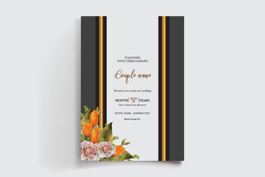 WEDDING INVITATION FRAME WITH FLOWER DECORATIONS AND FRESH LEAVES